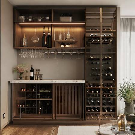 酒柜旁设吧台，上方储物巧利用